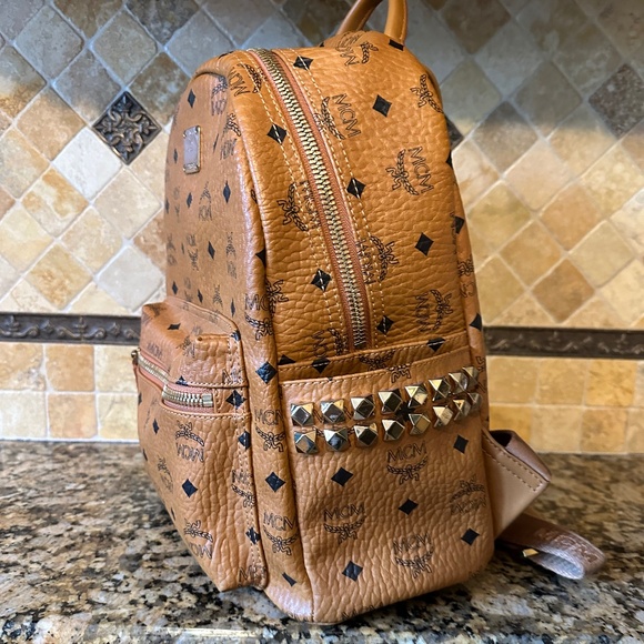MCM Visetos Cognac Gold Studded Authentic Leather Backpack - Picture 5 of 7